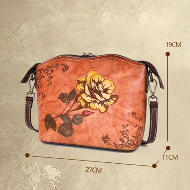 Buddha Stones Retro Rose Printed Leather Bag Journey Shopping Purse Handbag Shoulder Bag Crossbody Bag Crossbody Bag&Shoulder Bag BS 5