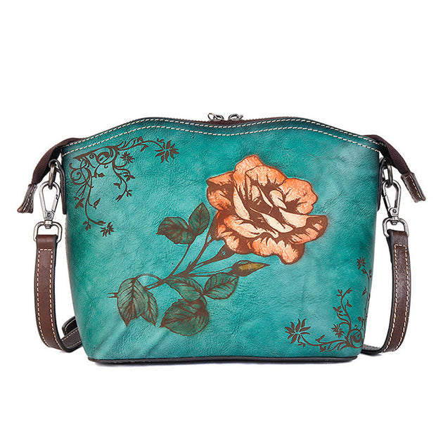 Buddha Stones Retro Rose Printed Leather Bag Journey Shopping Purse Handbag Shoulder Bag Crossbody Bag Crossbody Bag&Shoulder Bag BS 8