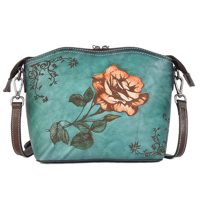 Buddha Stones Retro Rose Printed Leather Bag Journey Shopping Purse Handbag Shoulder Bag Crossbody Bag Crossbody Bag&Shoulder Bag BS main