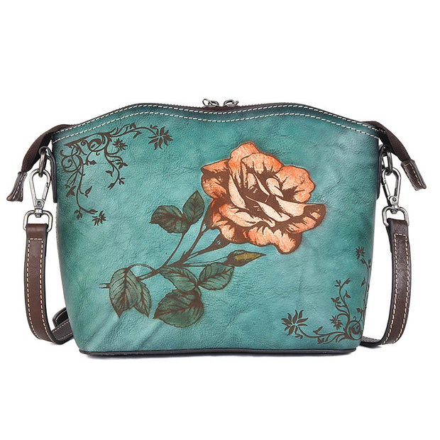 Buddha Stones Retro Rose Printed Leather Bag Journey Shopping Purse Handbag Shoulder Bag Crossbody Bag