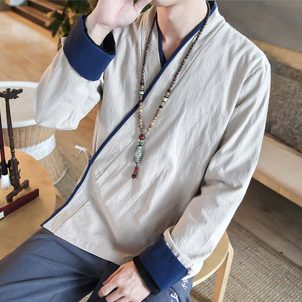 Buddha Stones Fall Colorblock Long Sleeve Shirt Linen Lace-up Men Clothing Men's Shirts BS 13