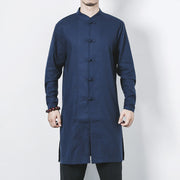 Buddha Stones Fall Simple Frog-Button Linen Men's Mid-length Coat Zen Clothing Men's Coat BS 1