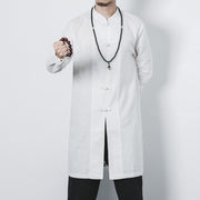 Buddha Stones Fall Simple Frog-Button Linen Men's Mid-length Coat Zen Clothing Men's Coat BS White US/UK/AU46，EU56 (5XL)