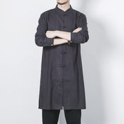 Buddha Stones Fall Simple Frog-Button Linen Men's Mid-length Coat Zen Clothing Men's Coat BS 25