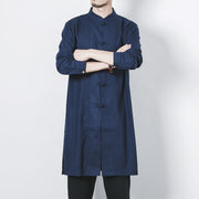 Buddha Stones Fall Simple Frog-Button Linen Men's Mid-length Coat Zen Clothing Men's Coat BS 6