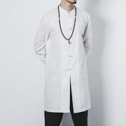 Buddha Stones Fall Simple Frog-Button Linen Men's Mid-length Coat Zen Clothing Men's Coat BS 14