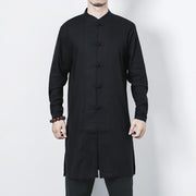 Buddha Stones Fall Simple Frog-Button Linen Men's Mid-length Coat Zen Clothing Men's Coat BS 16