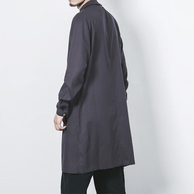 Buddha Stones Fall Simple Frog-Button Linen Men's Mid-length Coat Zen Clothing Men's Coat BS 23