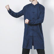 Buddha Stones Fall Simple Frog-Button Linen Men's Mid-length Coat Zen Clothing