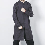 Buddha Stones Fall Simple Frog-Button Linen Men's Mid-length Coat Zen Clothing