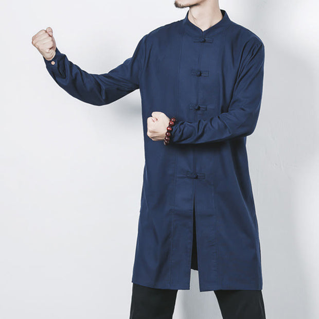 Buddha Stones Fall Simple Frog-Button Linen Men's Mid-length Coat Zen Clothing Men's Coat BS 4