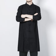 Buddha Stones Fall Simple Frog-Button Linen Men's Mid-length Coat Zen Clothing Men's Coat BS 19