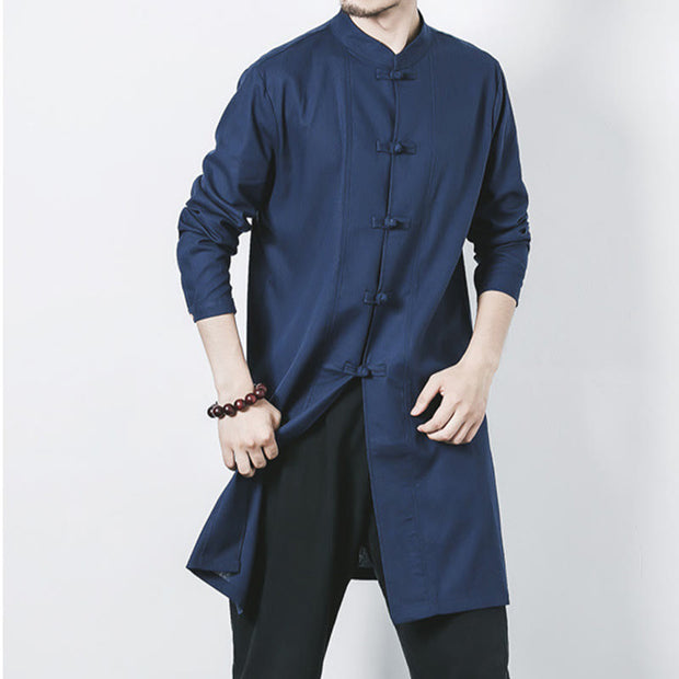 Buddha Stones Fall Simple Frog-Button Linen Men's Mid-length Coat Zen Clothing Men's Coat BS 2