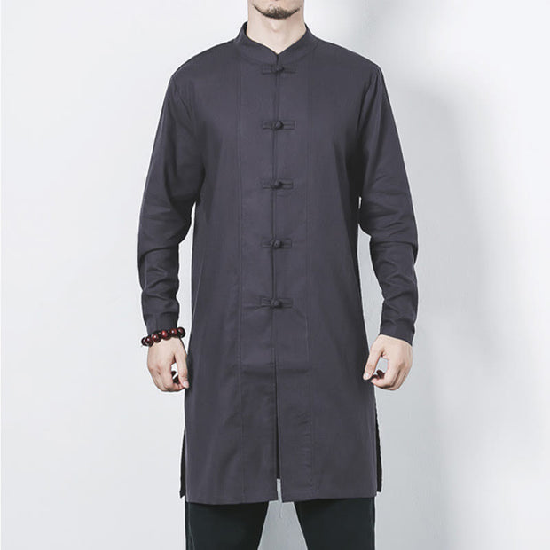 Buddha Stones Fall Simple Frog-Button Linen Men's Mid-length Coat Zen Clothing Men's Coat BS 22