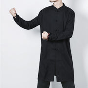 Buddha Stones Fall Simple Frog-Button Linen Men's Mid-length Coat Zen Clothing Men's Coat BS 20