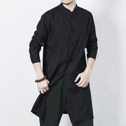 Buddha Stones Fall Simple Frog-Button Linen Men's Mid-length Coat Zen Clothing Men's Coat BS 17