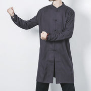 Buddha Stones Fall Simple Frog-Button Linen Men's Mid-length Coat Zen Clothing Men's Coat BS 24