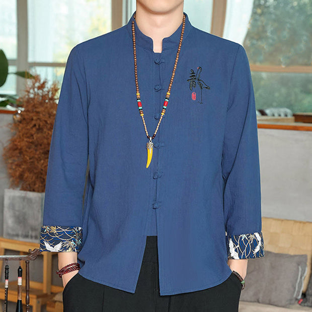 Buddha Stones Fall Solid Long Sleeve Frog-Button Shirt Linen Men Zen Clothing Men's Shirts BS SteelBlue US/UK/AU46，EU56 (5XL)