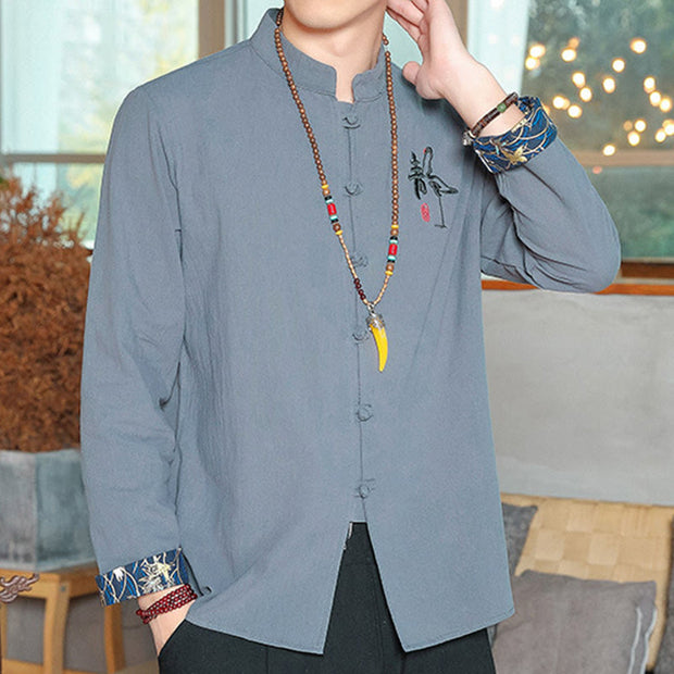 Buddha Stones Fall Solid Long Sleeve Frog-Button Shirt Linen Men Zen Clothing Men's Shirts BS 11