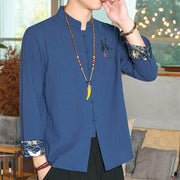 Buddha Stones Fall Solid Long Sleeve Frog-Button Shirt Linen Men Zen Clothing Men's Shirts BS 22