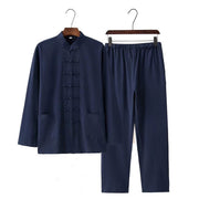 Buddha Stones 2Pcs Tang Suit Traditional Frog-Button Uniform Long Sleeve Shirt Pants Men's Set