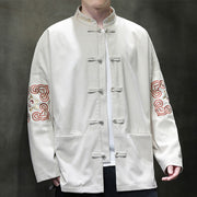 Buddha Stones Men's Frog-Button Tang Suit Corduroy Cotton Embroidery Long Jacket Shirt With Pockets Men's Jacket Shirt BS White US/UK/AU46，EU56 (5XL)