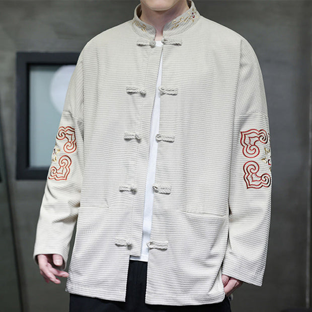 Buddha Stones Men's Frog-Button Tang Suit Corduroy Cotton Embroidery Long Jacket Shirt With Pockets