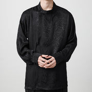 Buddha Stones Fall Jacquard Long Sleeve Frog-Button Shirt Men Clothing Men's Shirts BS Black US/UK/AU46，EU56 (5XL)