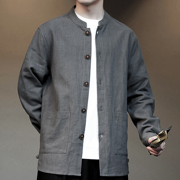 Buddha Stones Men's Button Ramie Linen Cotton Fleece Lined Jacket Shirt With Pockets Men's Jacket Shirt BS 4