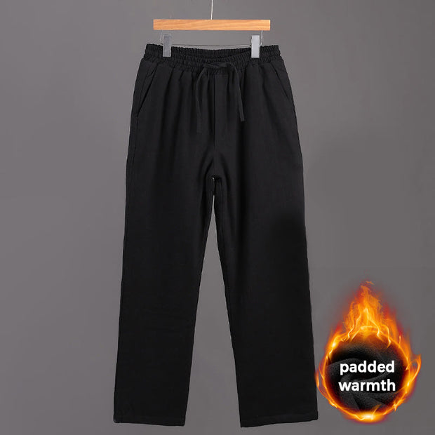 Buddha Stones Winter Men's Fleece Lined Drawstring Linen Pants With Pockets