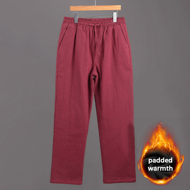 Buddha Stones Winter Men's Fleece Lined Drawstring Linen Pants With Pockets