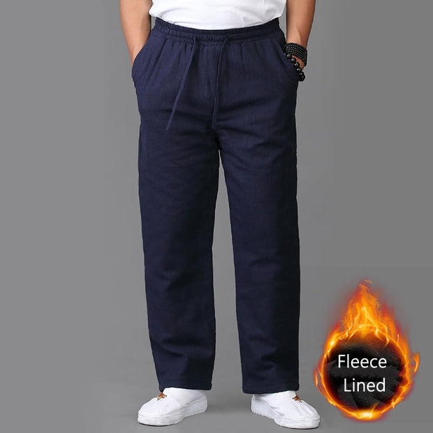 Buddha Stones Winter Men's Fleece Lined Drawstring Linen Pants With Pockets Men's Pants BS SteelBlue US/UK/AU42，EU52 (3XL)