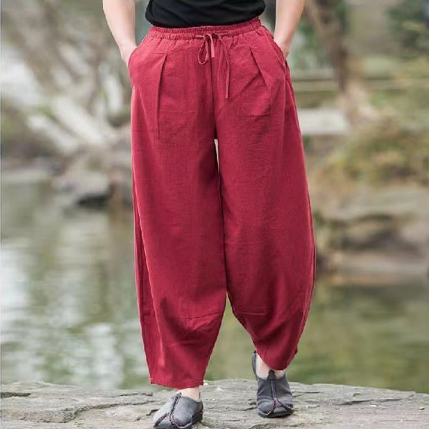 Buddha Stones Casual Simple Drawstring Men's Cotton Harem Pants With Pockets Men's Harem Pants BS IndianRed US/UK/AU46，EU56 (5XL)