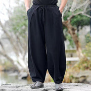 Buddha Stones Casual Simple Drawstring Men's Cotton Harem Pants With Pockets Men's Harem Pants BS Black US/UK/AU46，EU56 (5XL)