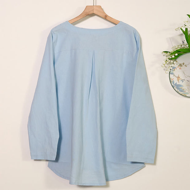 Buddha Stones V Neck Casual Long Sleeve Shirt Cotton Linen Women's Shirts