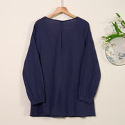 Buddha Stones Round Neck Casual Pleated Long Sleeve Shirt Cotton Linen Women's Shirts