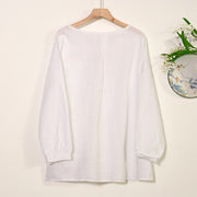 Buddha Stones Round Neck Casual Pleated Long Sleeve Shirt Cotton Linen Women's Shirts