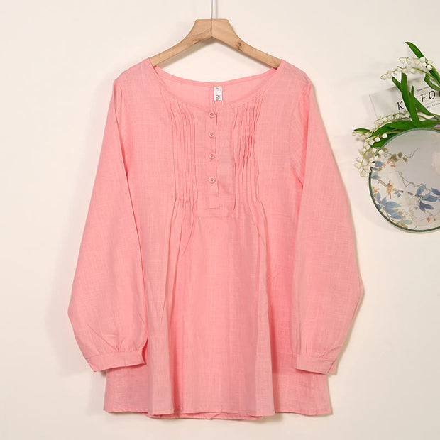 Buddha Stones Round Neck Casual Pleated Long Sleeve Shirt Cotton Linen Women's Shirts