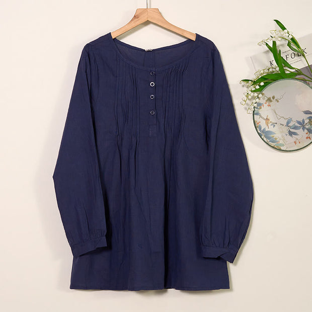 Buddha Stones Round Neck Casual Pleated Long Sleeve Shirt Cotton Linen Women's Shirts