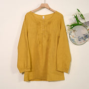 Buddha Stones Round Neck Casual Pleated Long Sleeve Shirt Cotton Linen Women's Shirts Women's Shirts BS Goldenrod US/UK/AU46，EU56 (5XL)