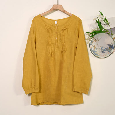 Buddha Stones Round Neck Casual Pleated Long Sleeve Shirt Cotton Linen Women's Shirts