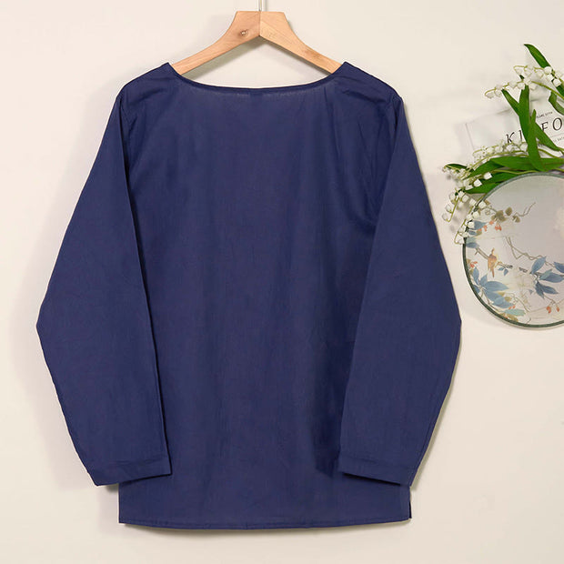 Buddha Stones Casual FLowers Long Sleeve Round Neck Shirt Cotton Linen Women's Shirts