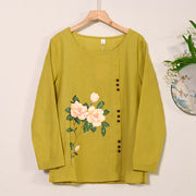 Buddha Stones Casual FLowers Long Sleeve Round Neck Shirt Cotton Linen Women's Shirts