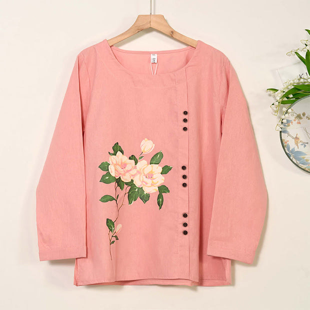 Buddha Stones Casual FLowers Long Sleeve Round Neck Shirt Cotton Linen Women's Shirts