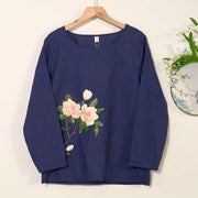 Buddha Stones Casual FLowers Long Sleeve Round Neck Shirt Cotton Linen Women's Shirts