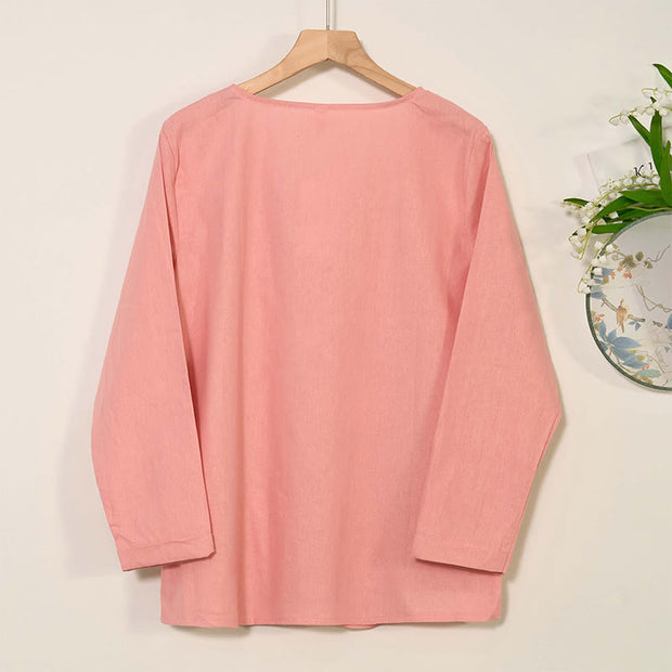 Buddha Stones Casual FLowers Long Sleeve Round Neck Shirt Cotton Linen Women's Shirts