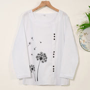 Buddha Stones Casual Dandelion Long Sleeve Round Neck Shirt Cotton Linen Women's Shirts