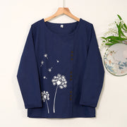 Buddha Stones Casual Dandelion Long Sleeve Round Neck Shirt Cotton Linen Women's Shirts