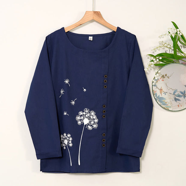 Buddha Stones Casual Dandelion Long Sleeve Round Neck Shirt Cotton Linen Women's Shirts Women's Shirts BS MidnightBlue US/UK/AU46，EU56 (5XL)