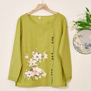 Buddha Stones Casual Floral Long Sleeve Round Neck Shirt Cotton Linen Women's Shirts Women's Shirts BS OliveDrab US/UK/AU46，EU56 (5XL)